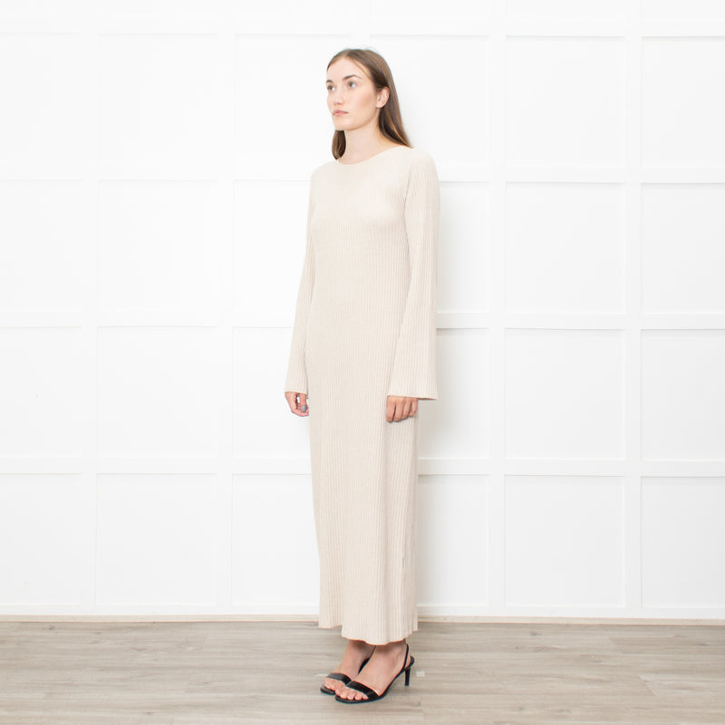 Theory Oatmeal Knitted Ribbed Midi Dress