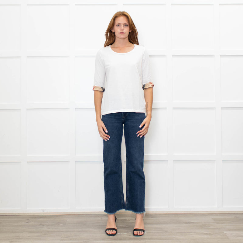 Burberry White Mid Sleeve Top With Check Trim Cuffs