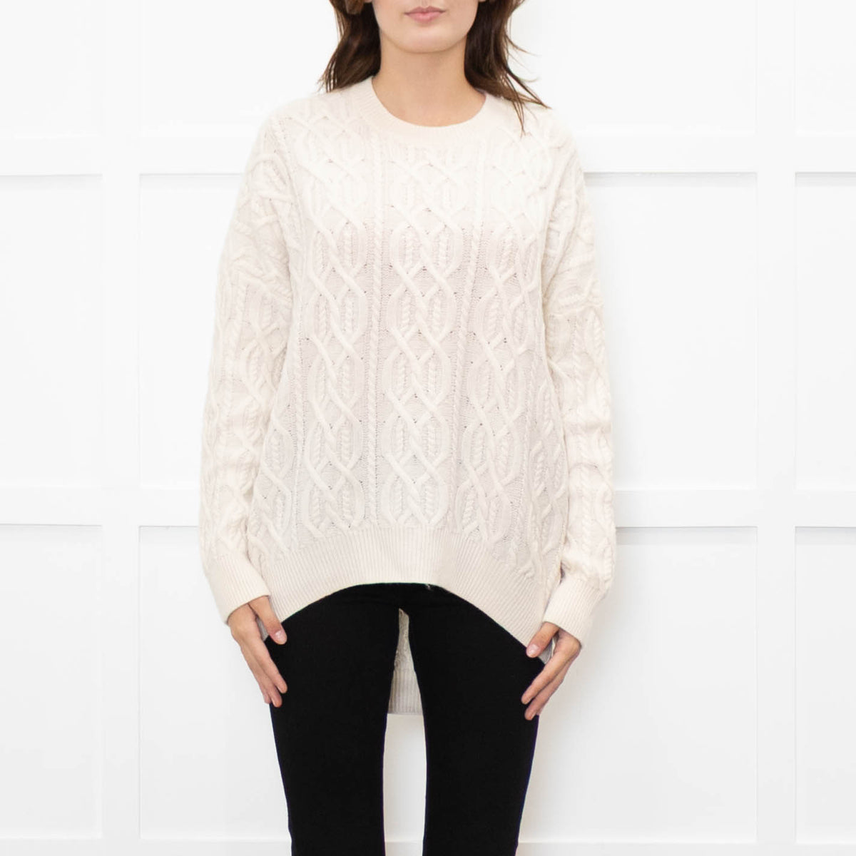 Podeny Cream Wool & Cashmere Mix Cable Knit Crew Neck Jumper