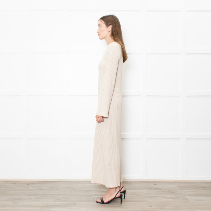 Theory Oatmeal Knitted Ribbed Midi Dress