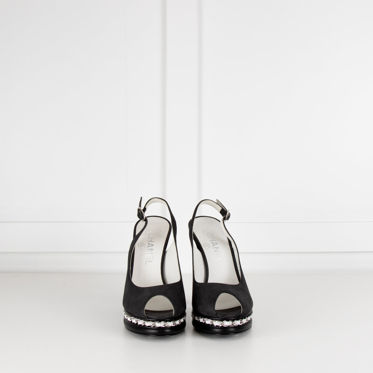 Chanel Pebble Grey Leather Chain Link Platform Slingbacks