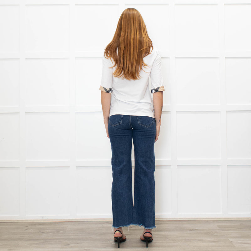 Burberry White Mid Sleeve Top With Check Trim Cuffs