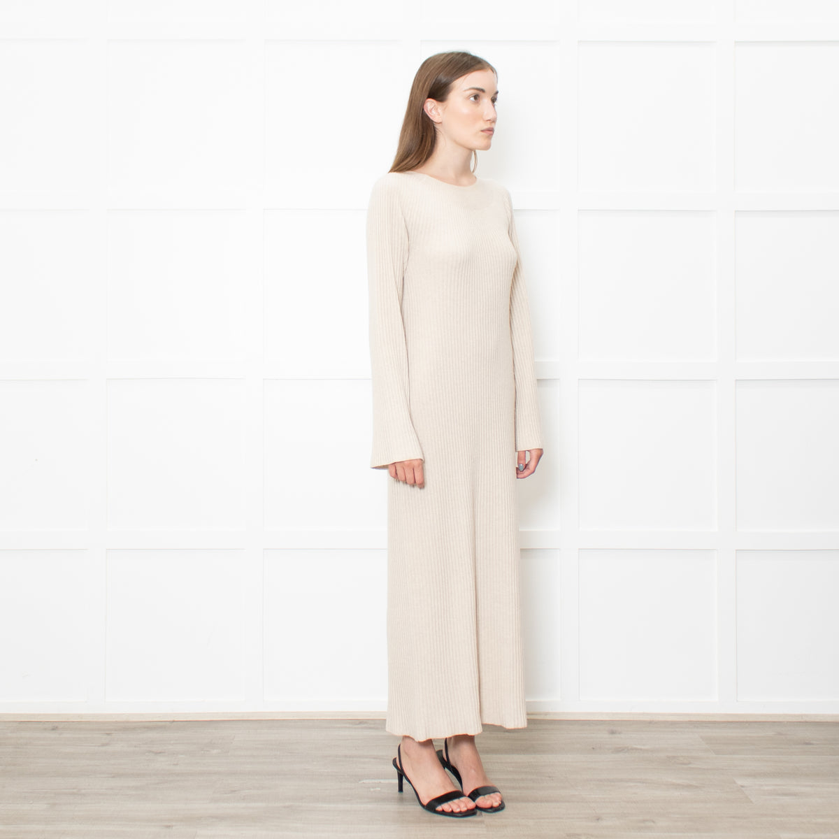 Theory Oatmeal Knitted Ribbed Midi Dress