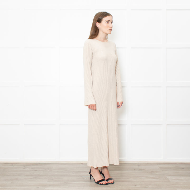 Theory Oatmeal Knitted Ribbed Midi Dress