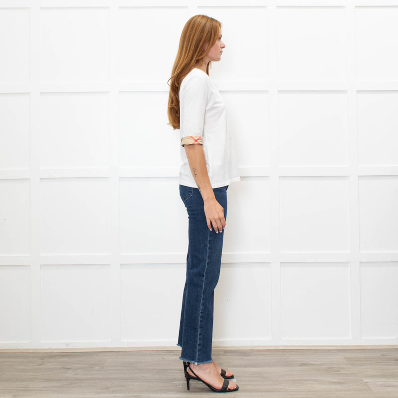 Burberry White Mid Sleeve Top With Check Trim Cuffs