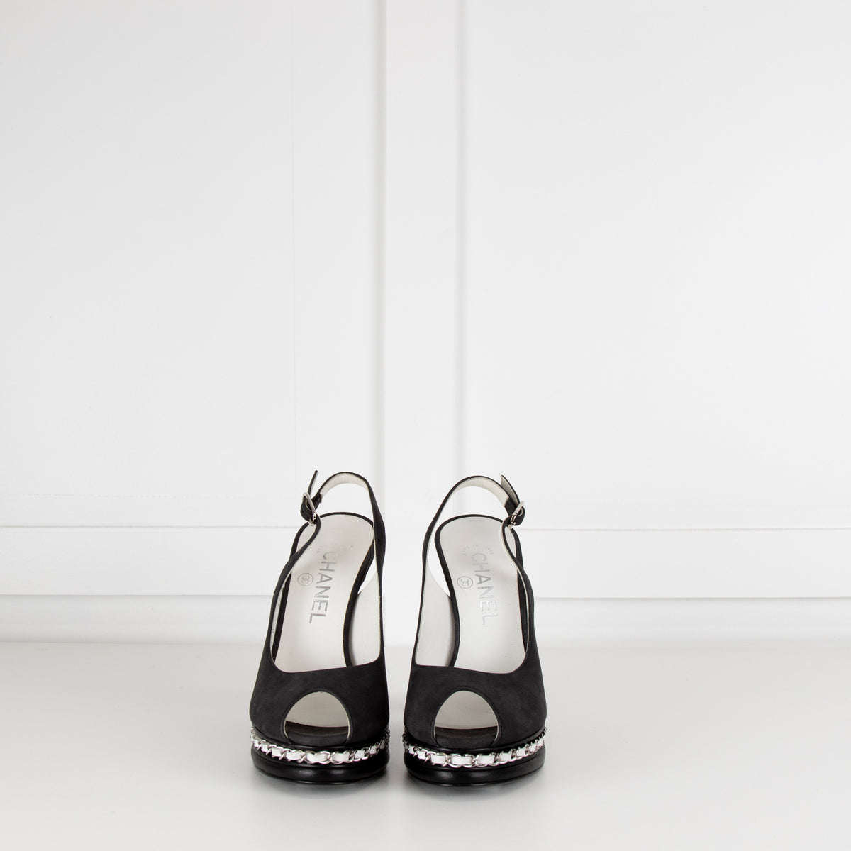 Chanel Pebble Grey Leather Chain Link Platform Slingbacks