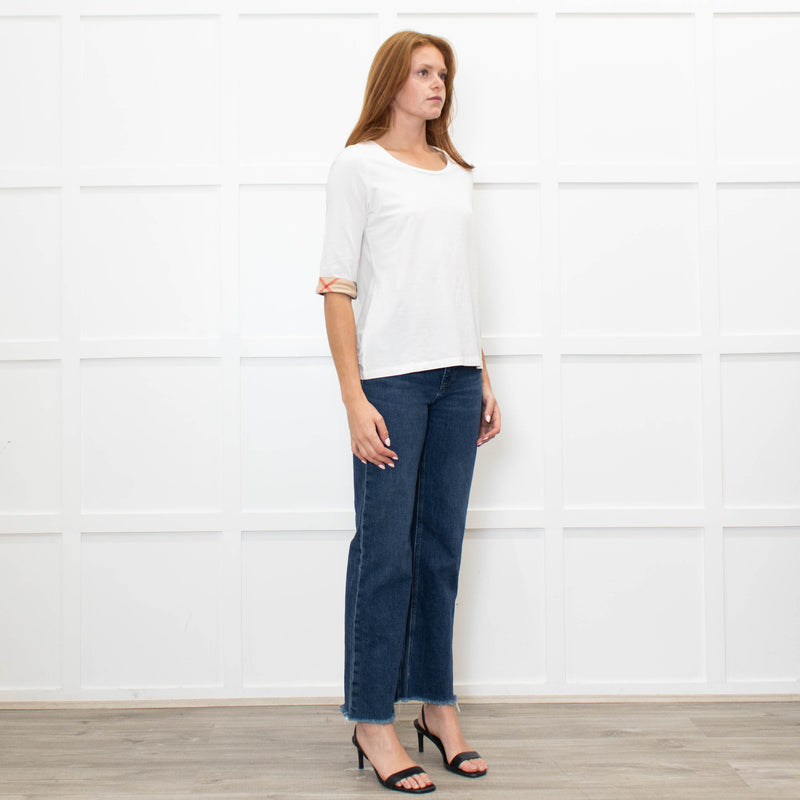 Burberry White Mid Sleeve Top With Check Trim Cuffs