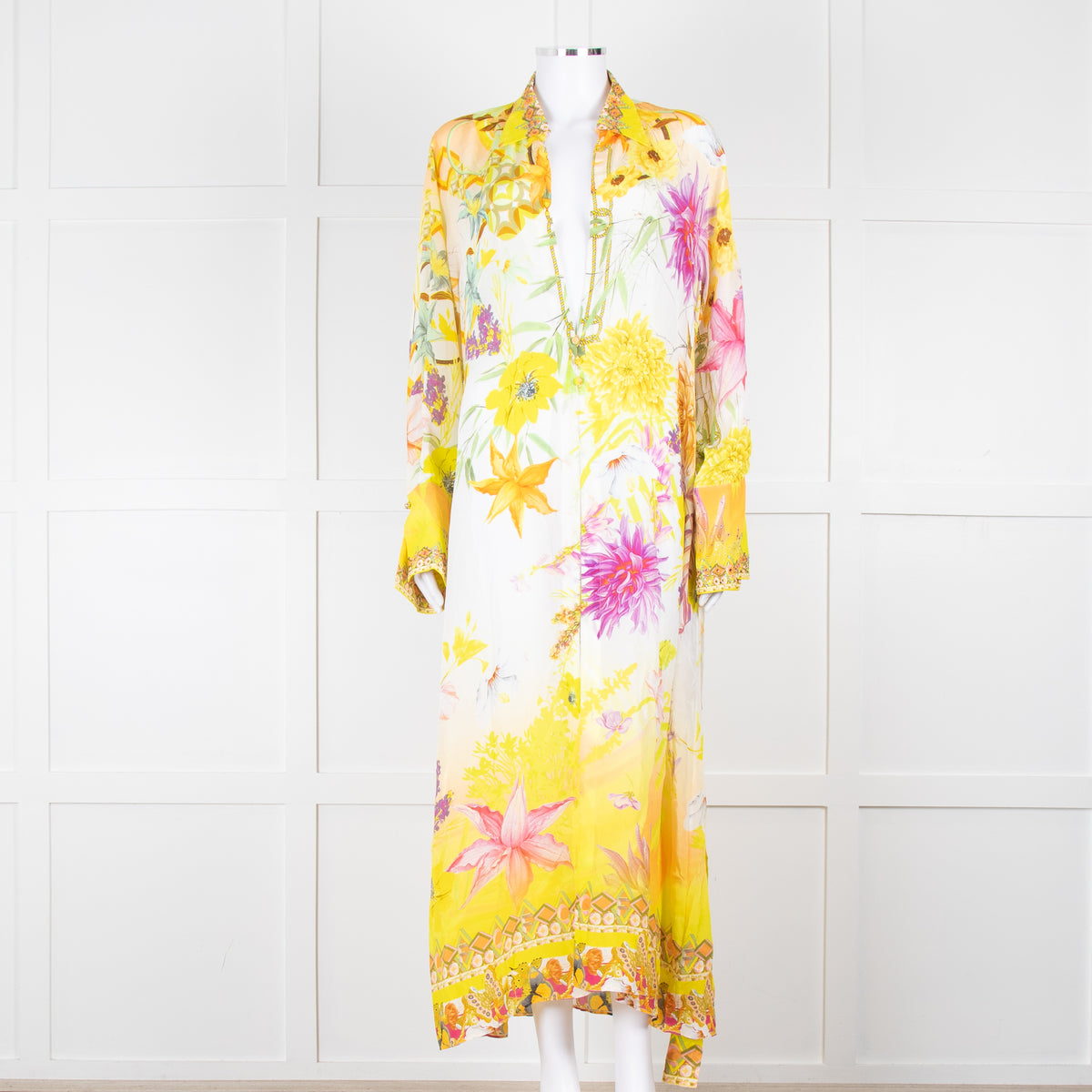 Camilla White Yellow Diamante Long Sleeve Maxi Gown