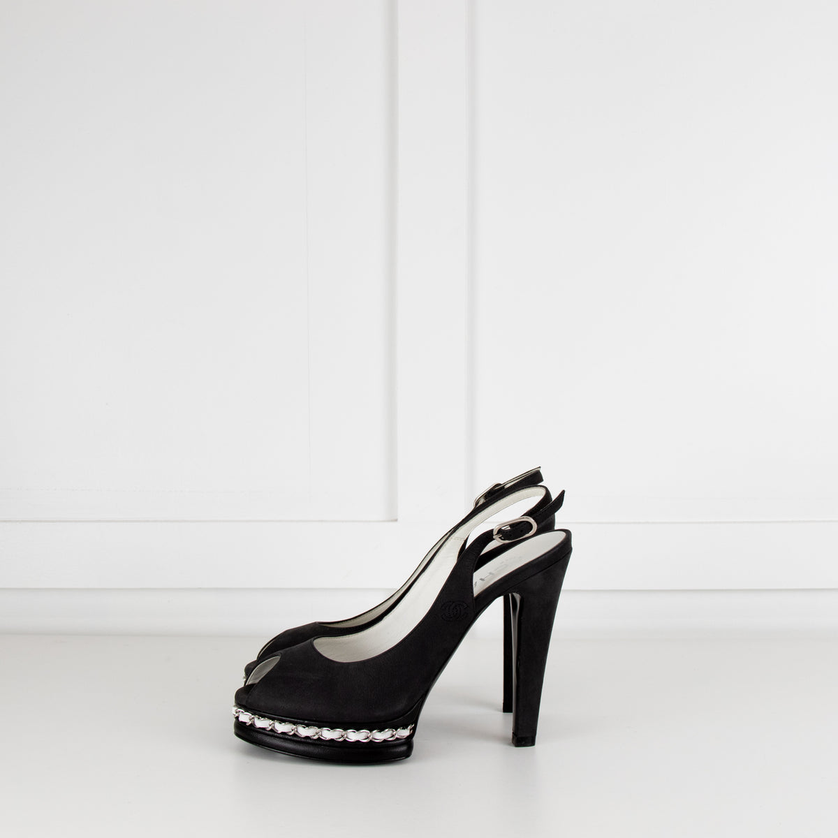 Chanel Pebble Grey Leather Chain Link Platform Slingbacks