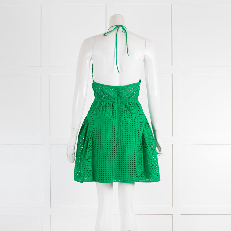 Self Portrait Green Embroidery Anglaise Halter Mini Dress