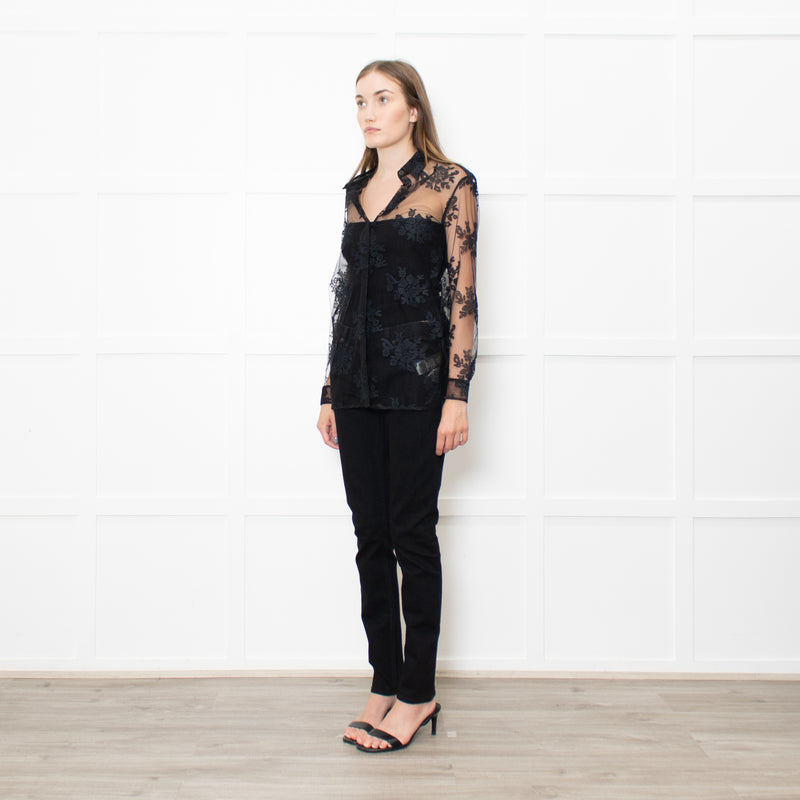 Burberry Black Lace Net Collared Shirt