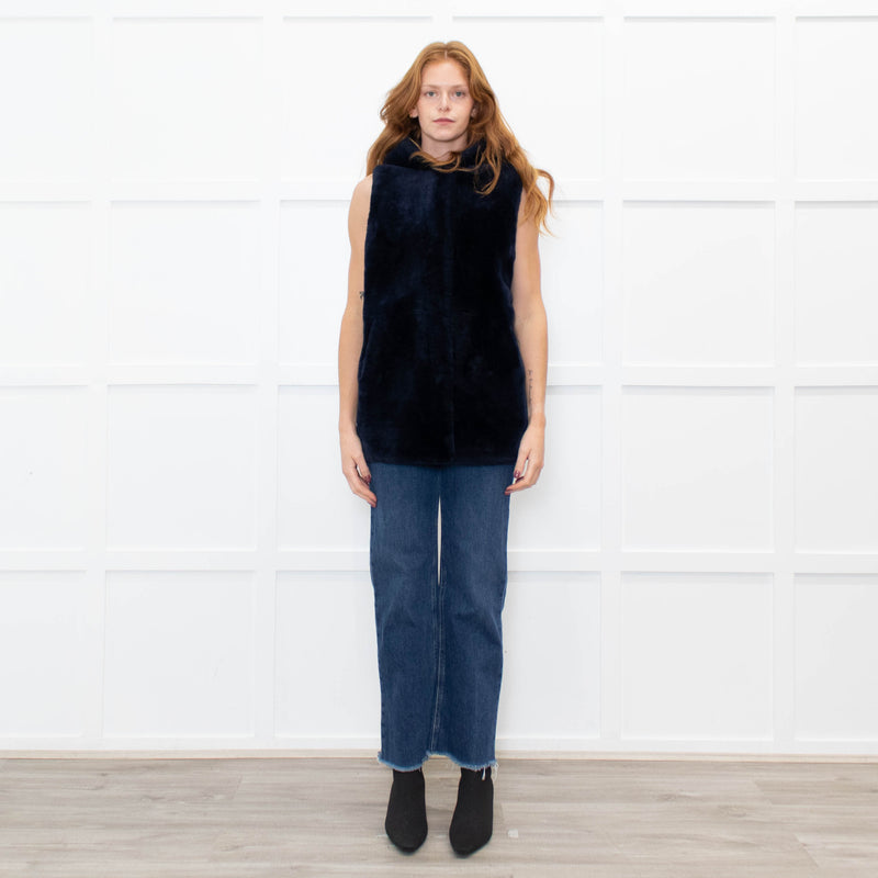 Sprung Freres Navy Shearling Hooded Gilet