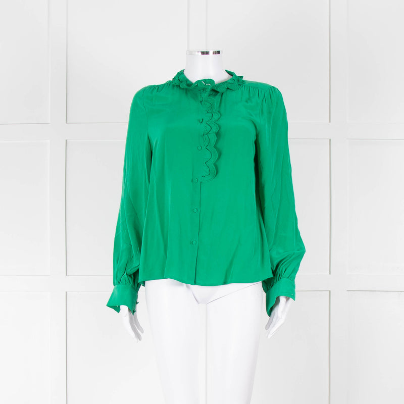 Sezane Green Silk Frill Collar Blouse