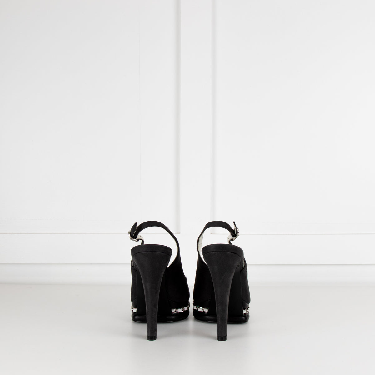 Chanel Pebble Grey Leather Chain Link Platform Slingbacks