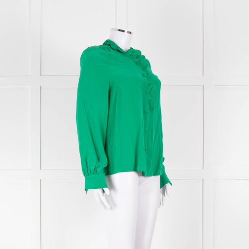 Sezane Green Silk Frill Collar Blouse