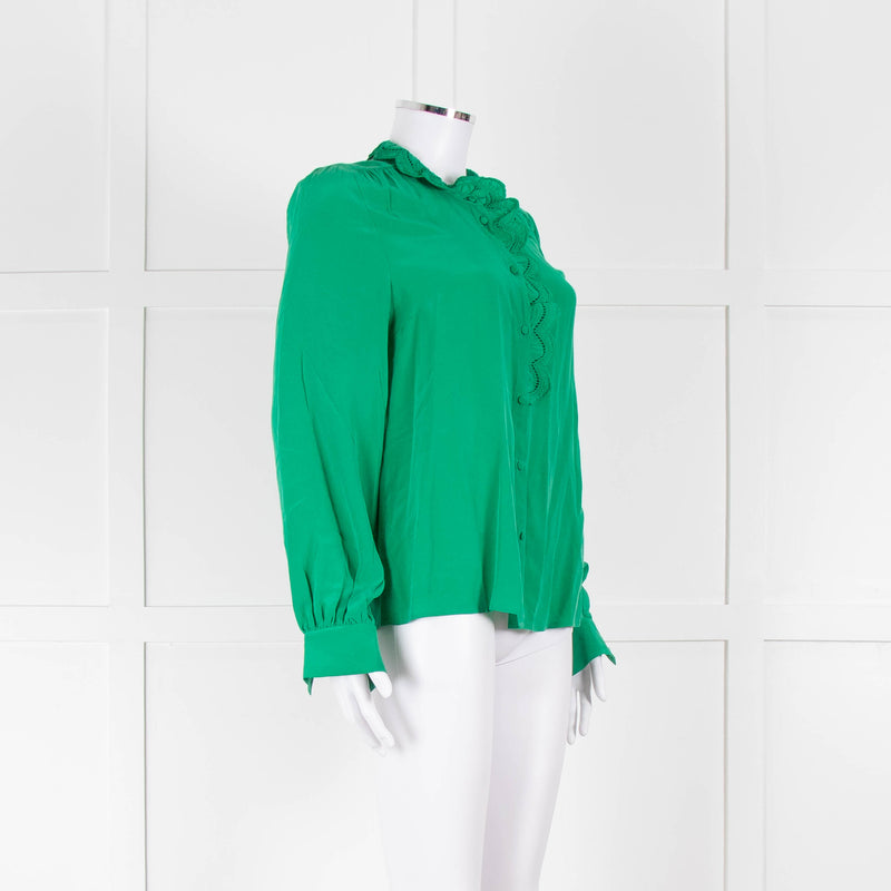 Sezane Green Silk Frill Collar Blouse