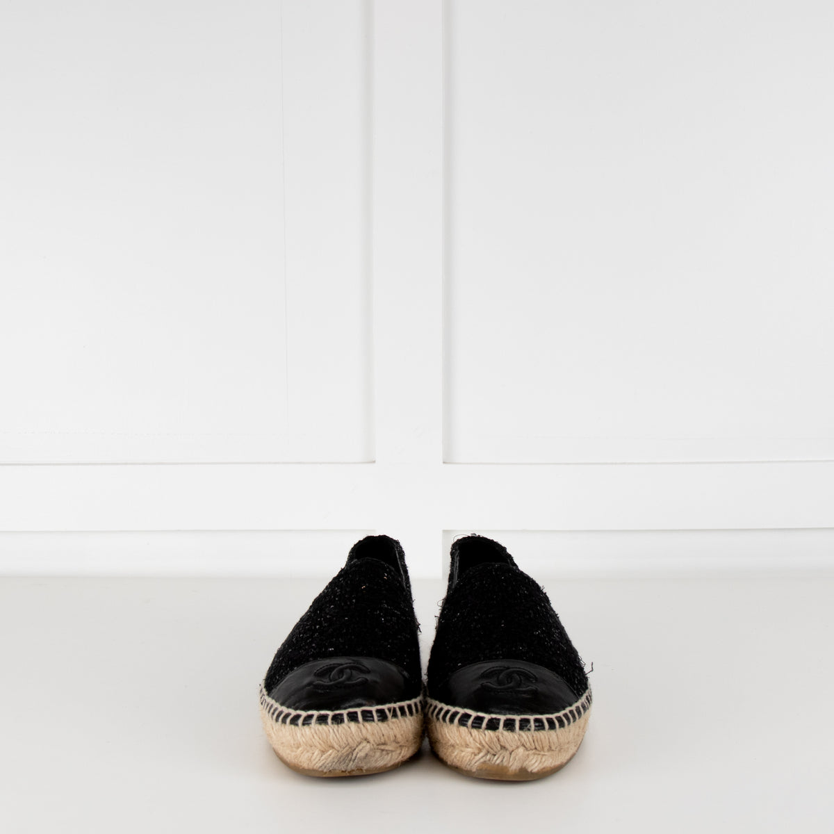 Chanel Black CC Cap Toe Sequin Tweed Flat Espadrilles