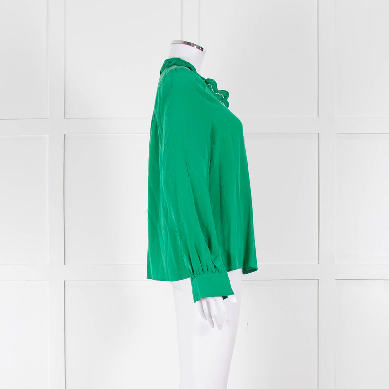 Sezane Green Silk Frill Collar Blouse
