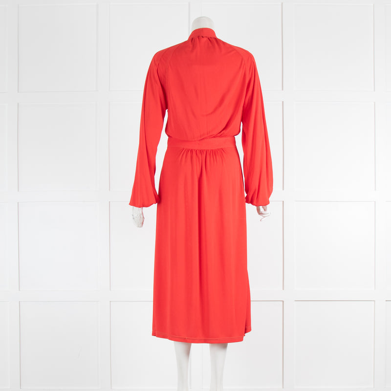 Burberry Red Fine Knit Top Stitch Jersey Dress with Tie Neck