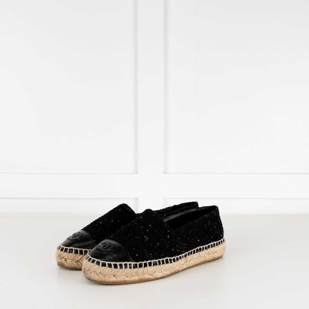 Chanel Black CC Cap Toe Sequin Tweed Flat Espadrilles
