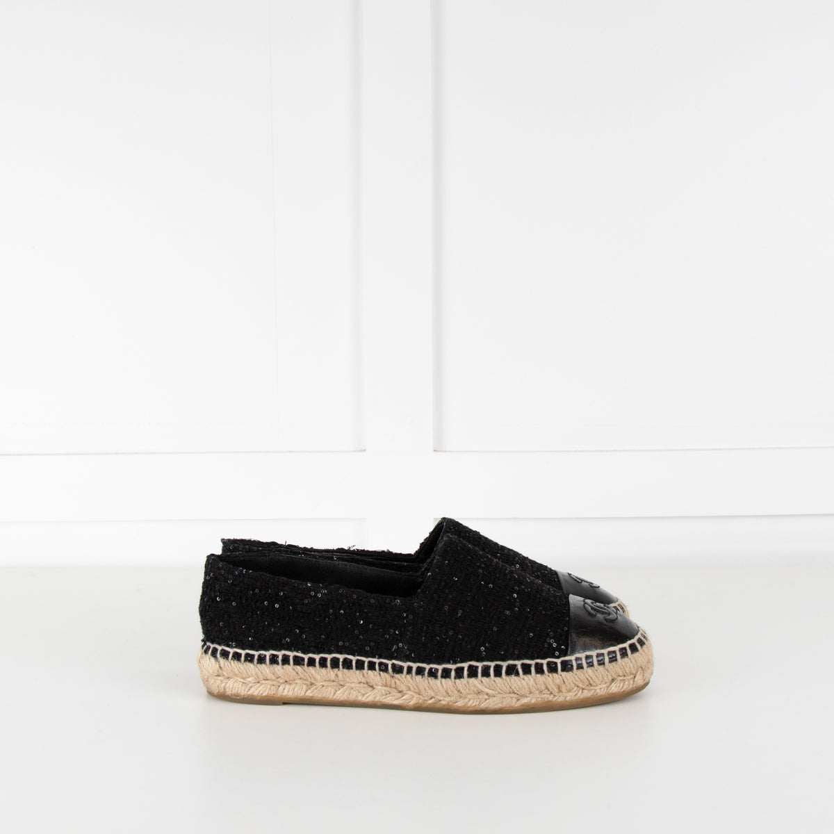 Chanel Black CC Cap Toe Sequin Tweed Flat Espadrilles