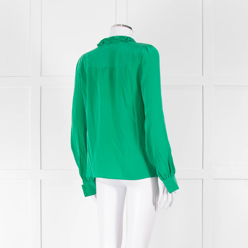 Sezane Green Silk Frill Collar Blouse