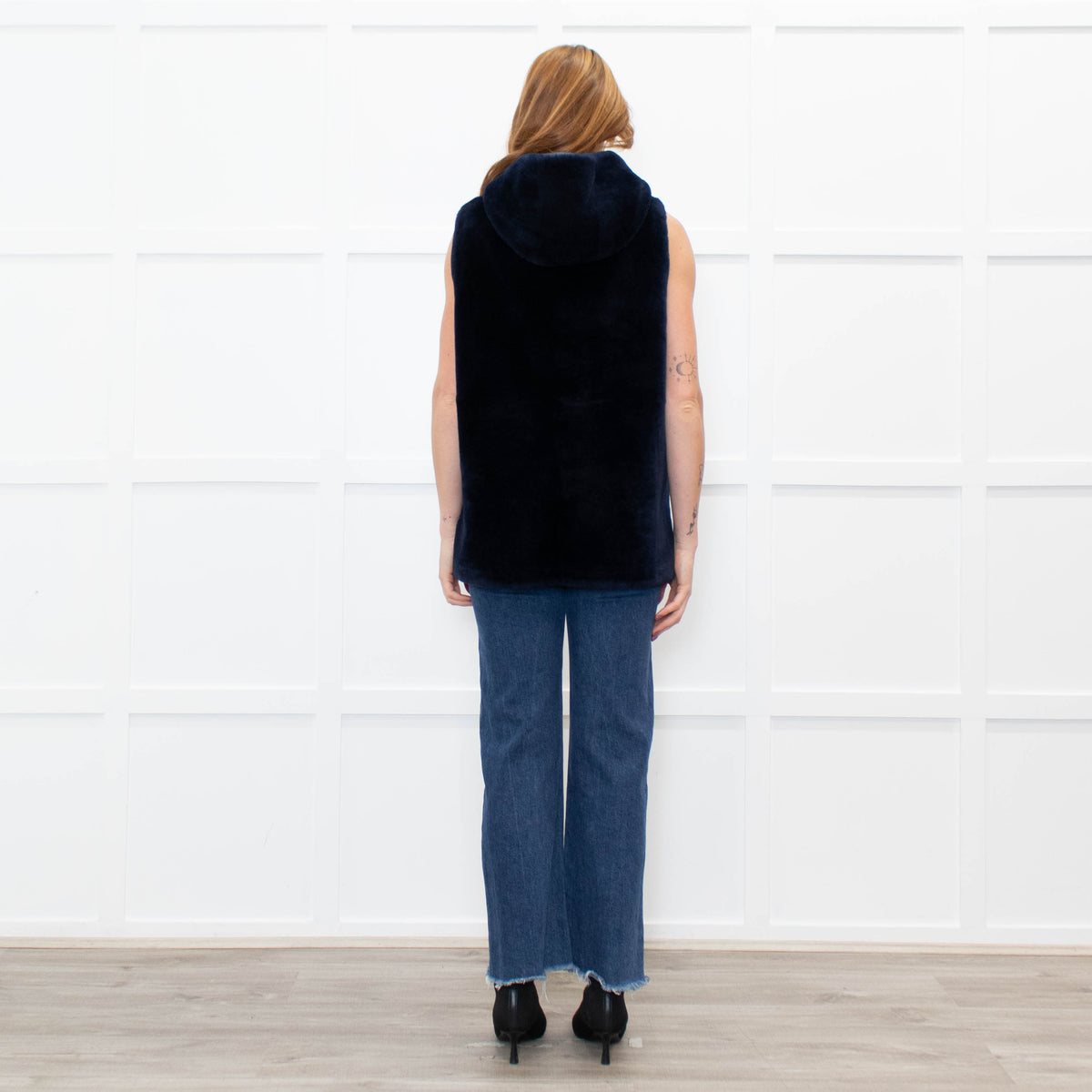 Sprung Freres Navy Shearling Hooded Gilet