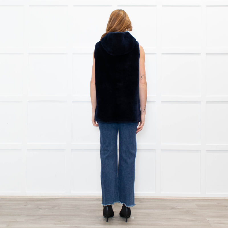 Sprung Freres Navy Shearling Hooded Gilet