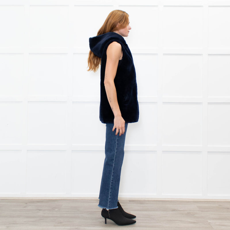 Sprung Freres Navy Shearling Hooded Gilet