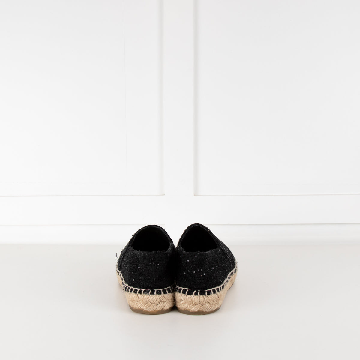 Chanel Black CC Cap Toe Sequin Tweed Flat Espadrilles