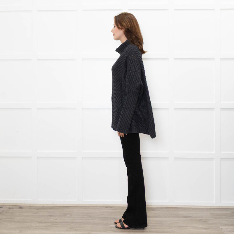 Podeny Dark Grey Chunky Knit Polo Neck