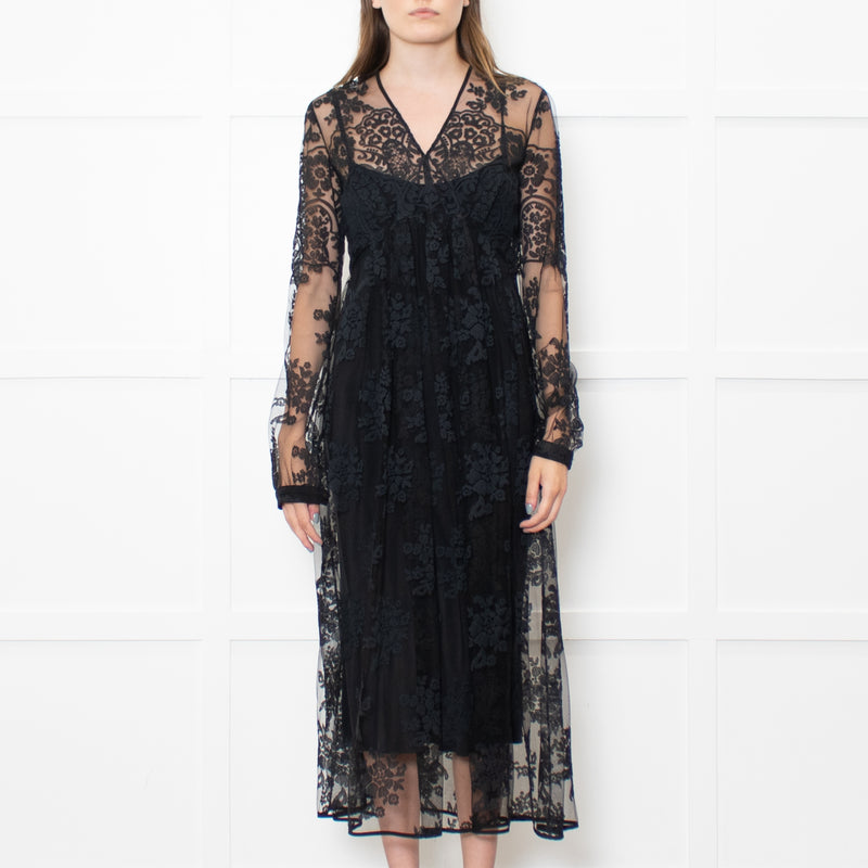 Burberry Black Lace Sheer V Neck Midi Dress