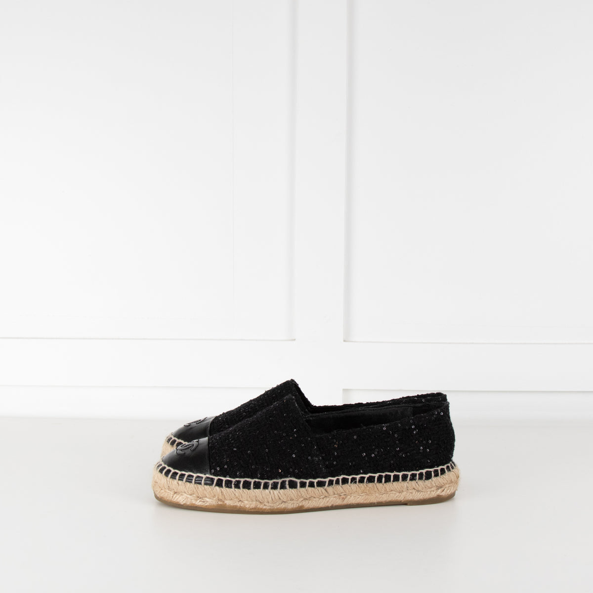 Chanel Black CC Cap Toe Sequin Tweed Flat Espadrilles