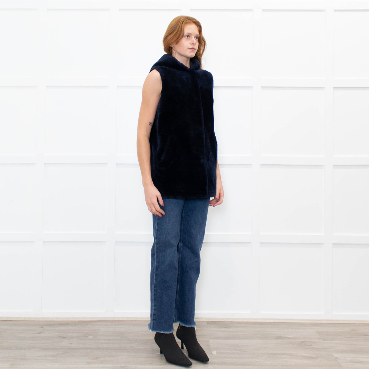 Sprung Freres Navy Shearling Hooded Gilet