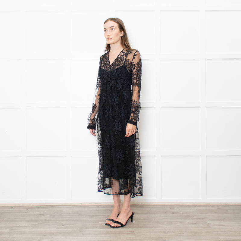 Burberry Black Lace Sheer V Neck Midi Dress