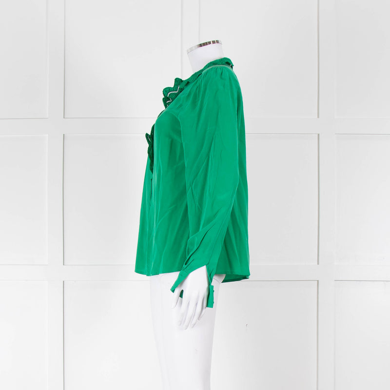 Sezane Green Silk Frill Collar Blouse