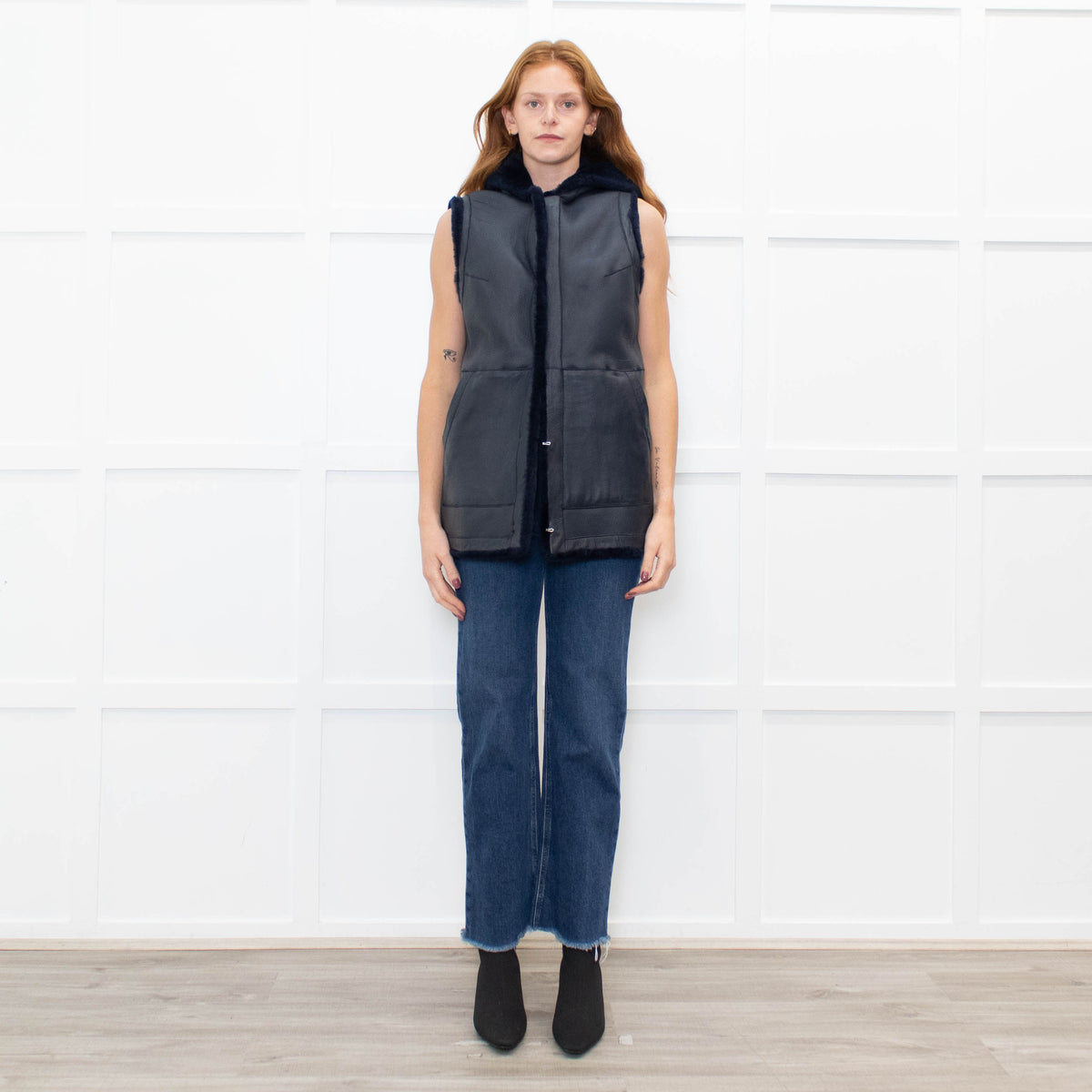 Sprung Freres Navy Shearling Hooded Gilet
