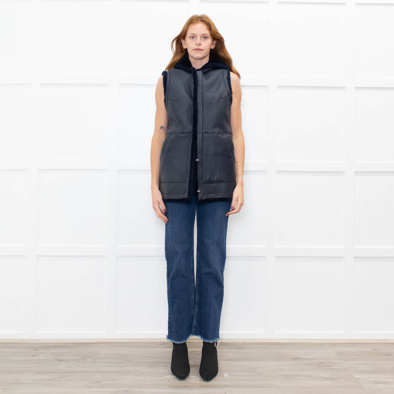 Sprung Freres Navy Shearling Hooded Gilet