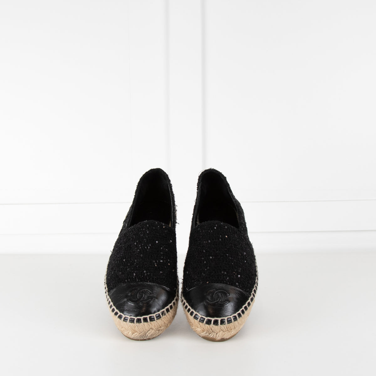 Chanel Black CC Cap Toe Sequin Tweed Flat Espadrilles