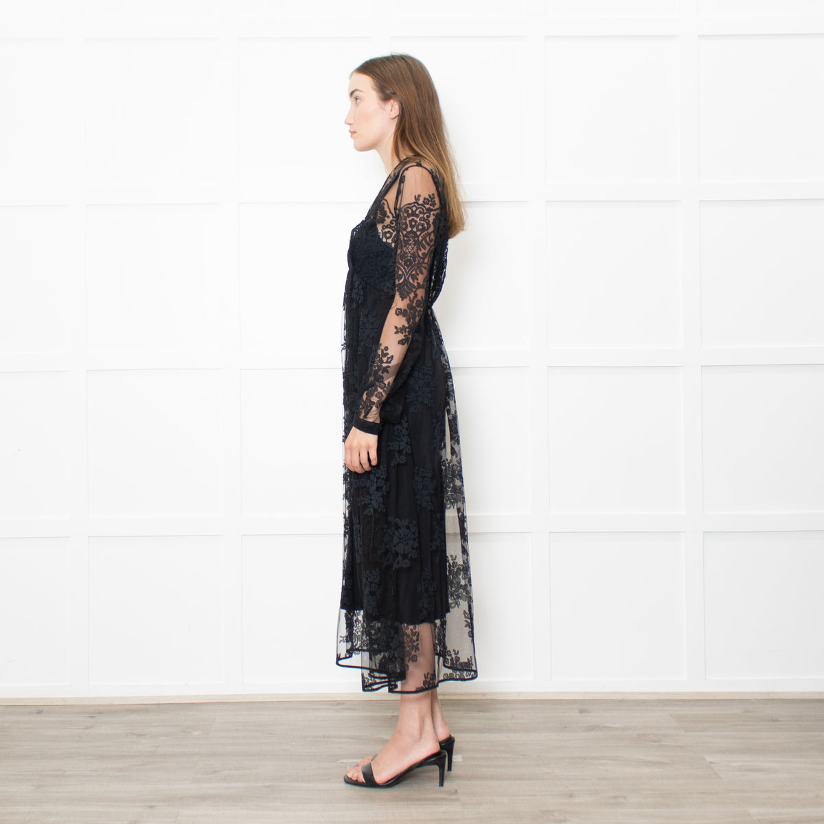 Burberry Black Lace Sheer V Neck Midi Dress