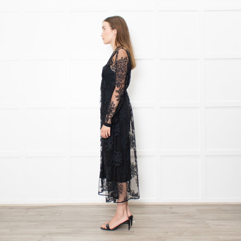 Burberry Black Lace Sheer V Neck Midi Dress