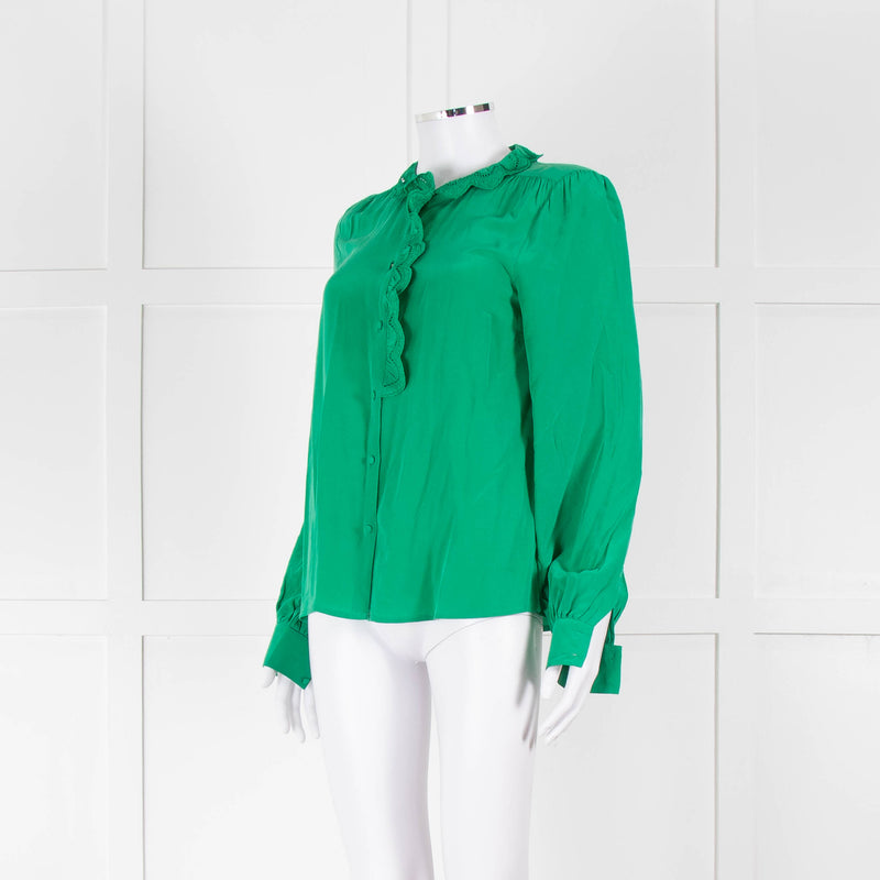 Sezane Green Silk Frill Collar Blouse