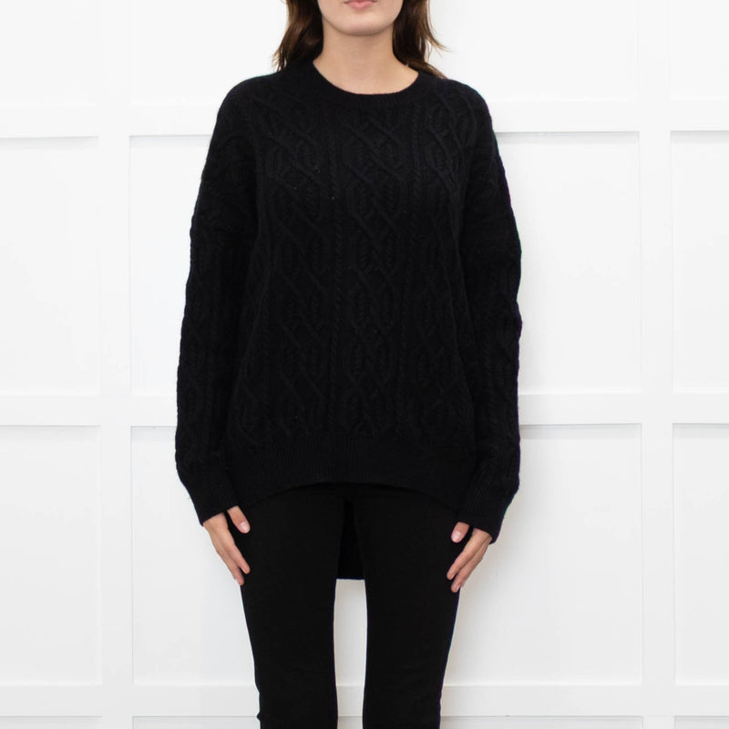 Podeny Black Wool & Cashmere Mix Cable Knit Crew Neck Jumper