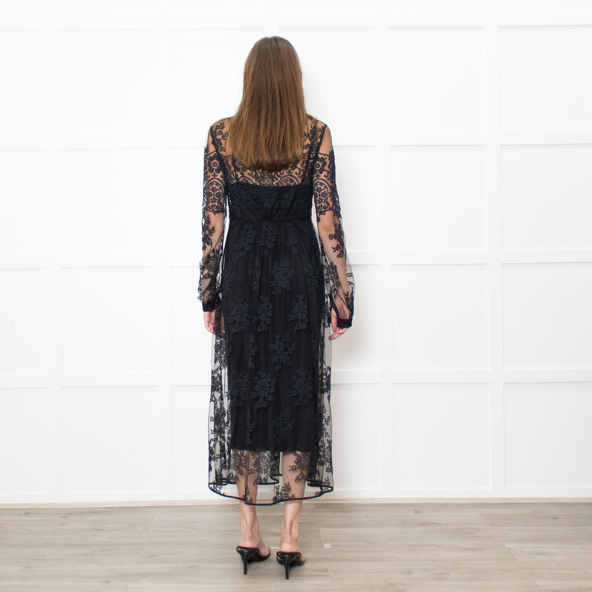 Burberry Black Lace Sheer V Neck Midi Dress