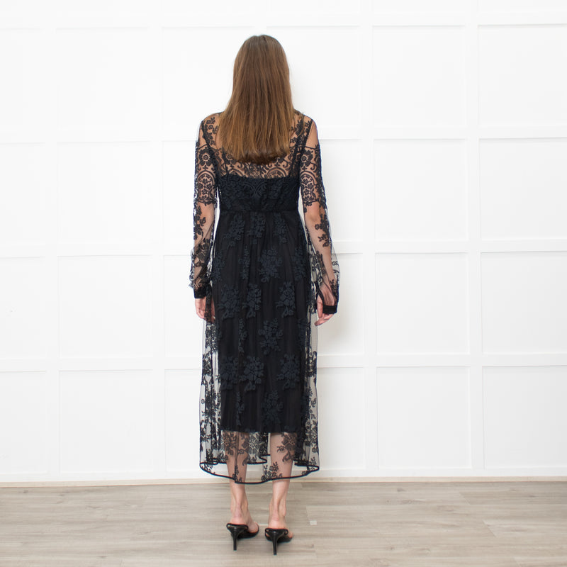 Burberry Black Lace Sheer V Neck Midi Dress