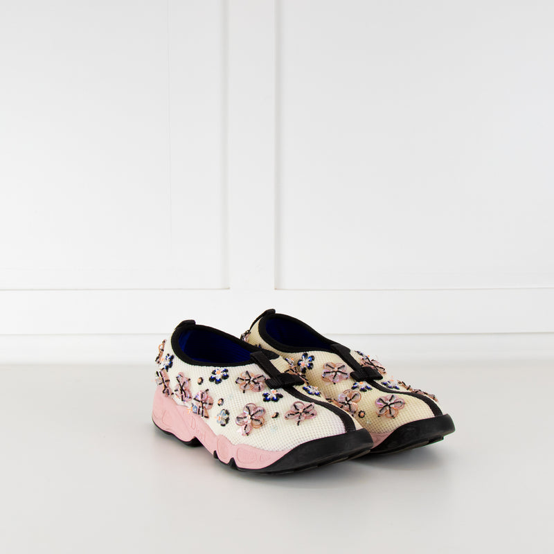 Christian Dior Cream Mesh Pink Embellished Slide On Trainers