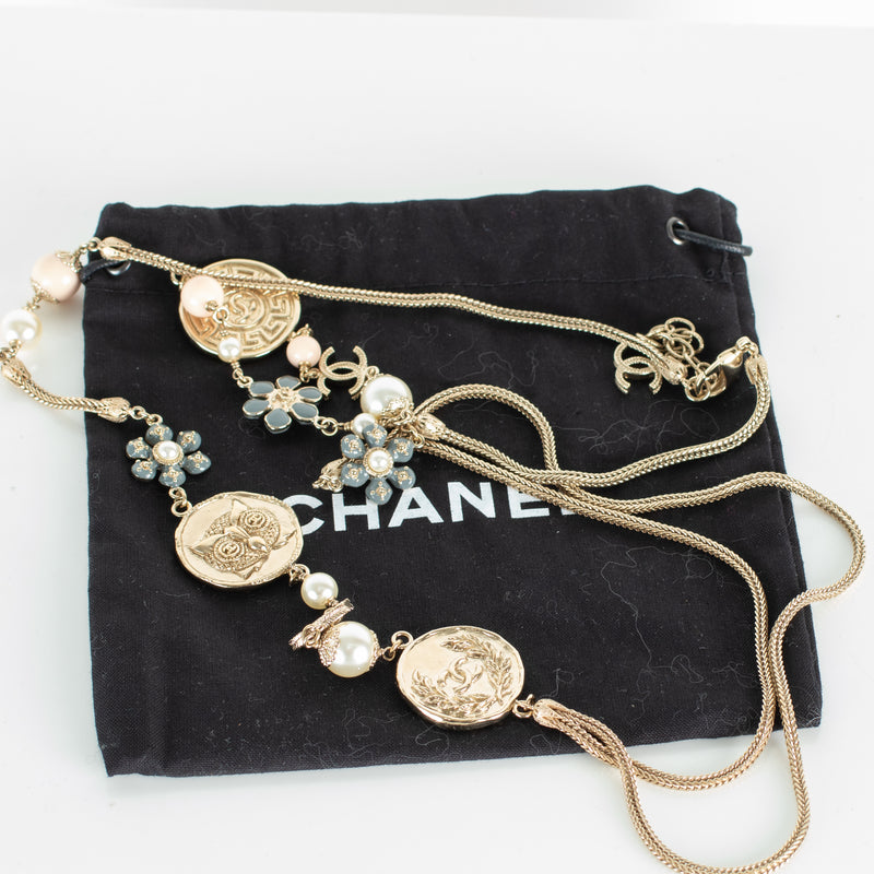 Chanel Lame Gold Pearl And Coin Long Necklace