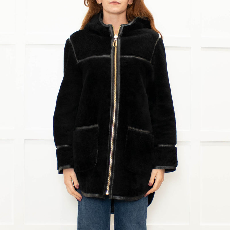 Sandro Black Reversible Shearling Hooded Coat