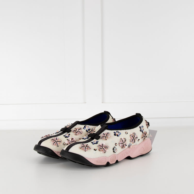 Christian Dior Cream Mesh Pink Embellished Slide On Trainers