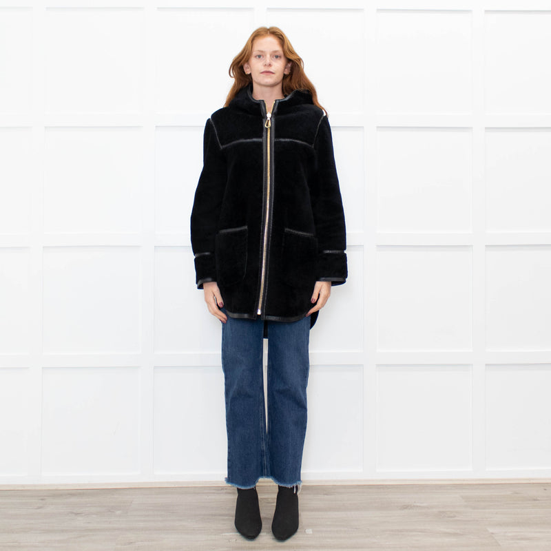 Sandro Black Reversible Shearling Hooded Coat